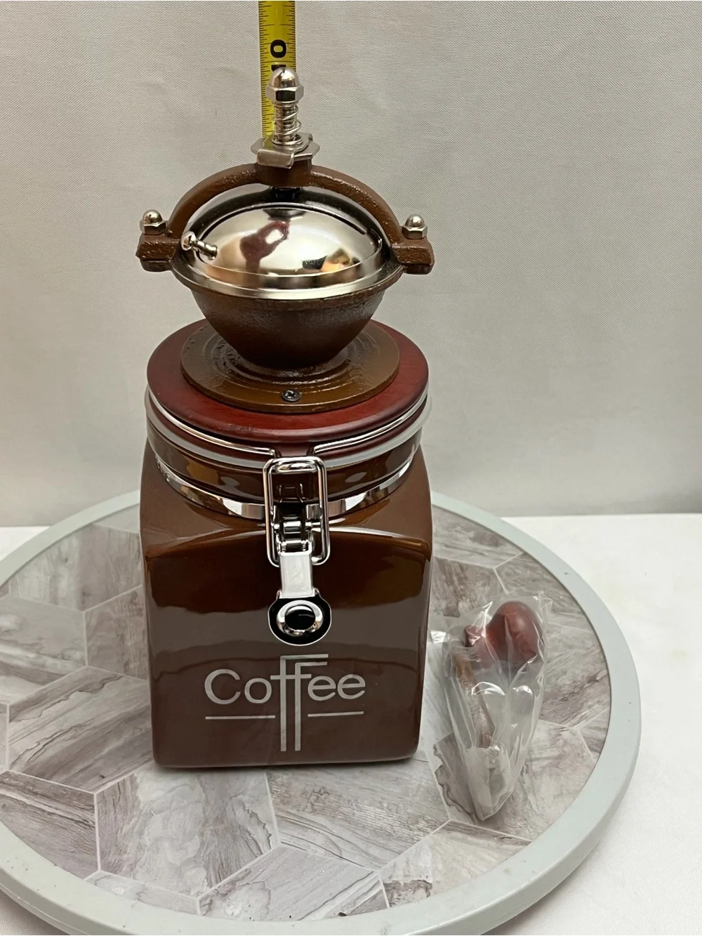 HuesNBrews Ceramic Coffee Grinder Canister Manual Hand Crank Brown New in Box